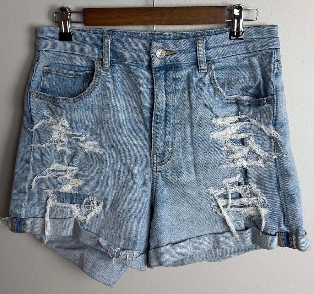 American Eagle Curvy Mom Distressed Denim Shorts Size 12 Embroidered Flower Wm’s